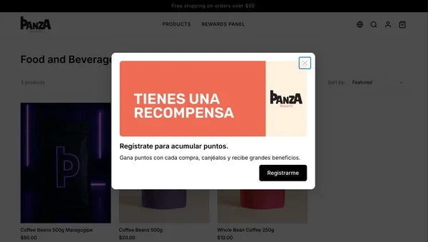 Ejemplo de pop-up tipo modal centrado sobre una tienda
